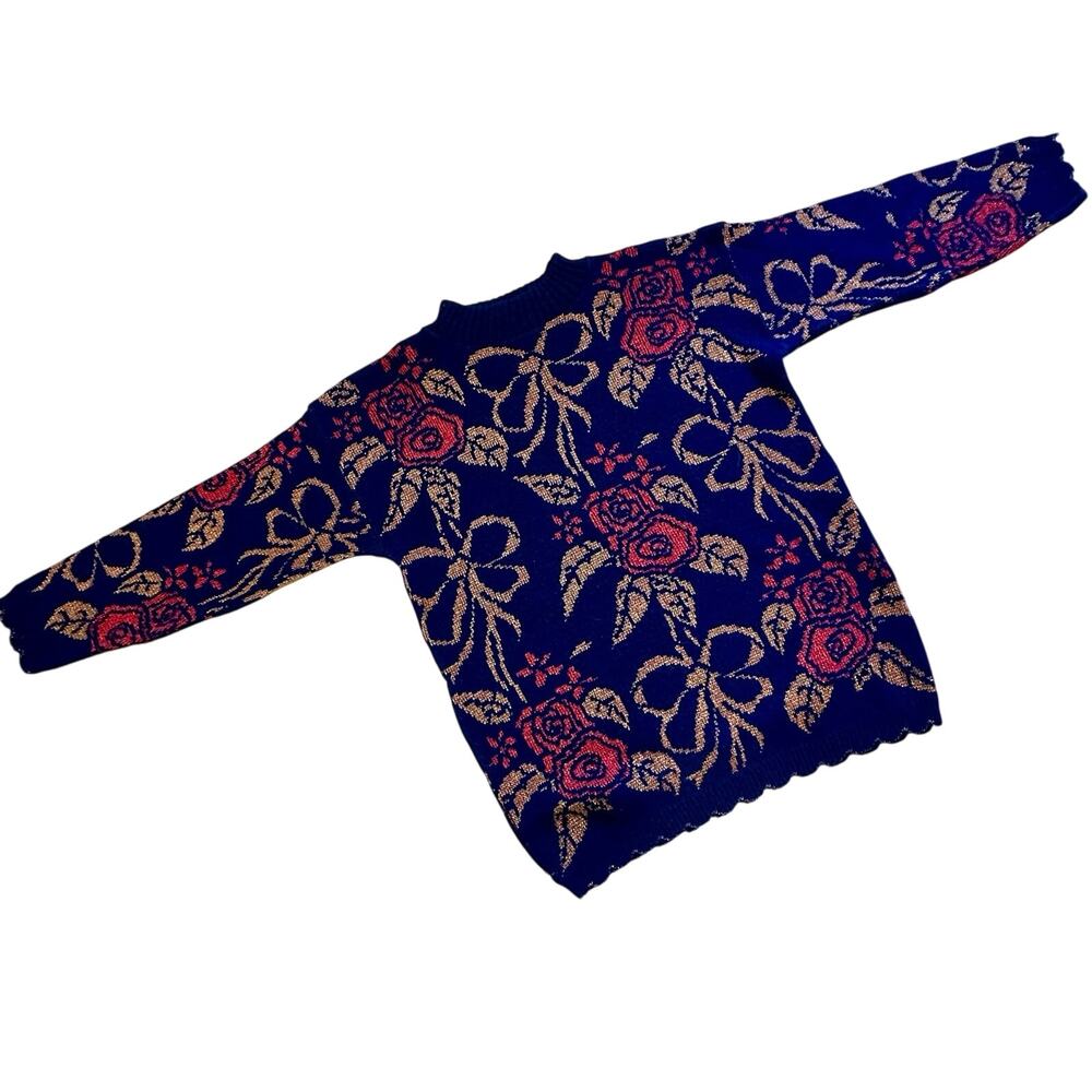 Vintage Dana Scott Christmas Sweater Blue Red Copper Floral Bows Women’s M